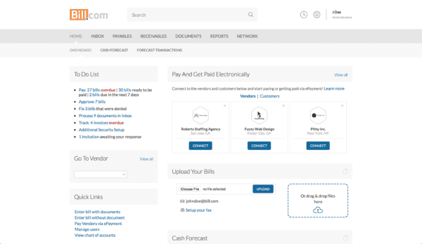 Bill.com user dashboard.