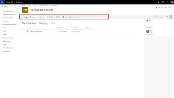 SharePoint Online menu options