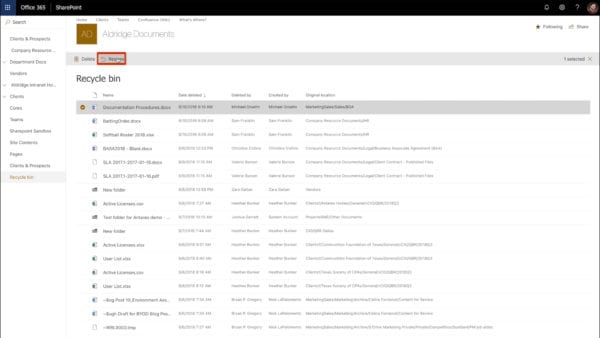 Document restore option in SharePoint Online.