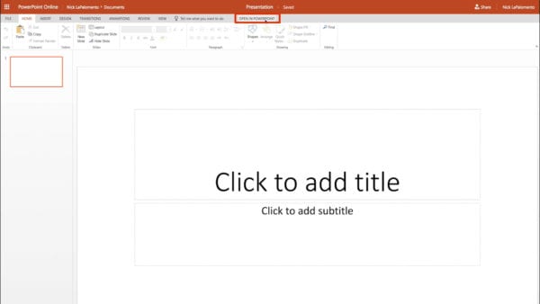 Location of the "open in" button in PowerPoint Online.