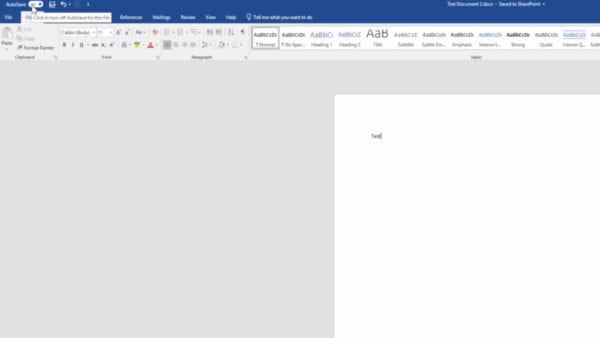 Location of the SharePoint autosave toggle in Word 2016.