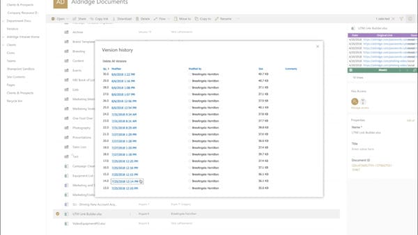 Version history pop-up screen in SharePoint Online.