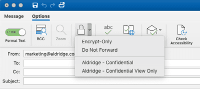 Email encryption options on Outlook for Mac.