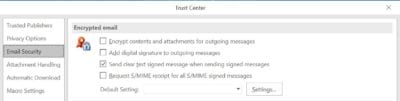 Email encryption settings in Microsoft Outlook Trust Center.