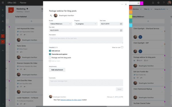 Example of a task within Microsoft Planner.